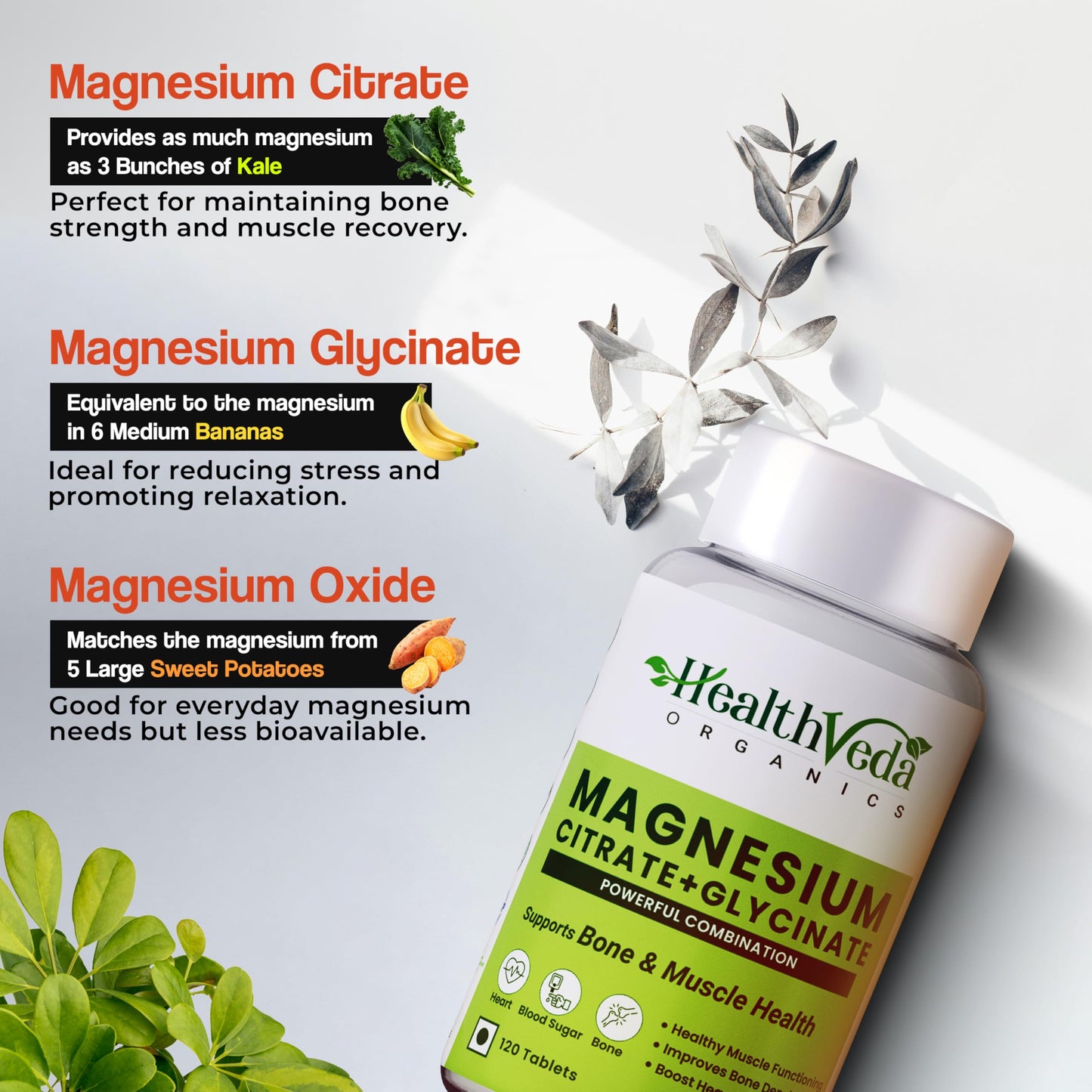 Health Veda Organics Magnesium Citrate + Glycinate 1648mg for Healthy Muscle Functioning, Improves Bone Density, Maintain Sugar Level, Assists in Heart & Nerve Health | 120 Veg Tablets for Men & Women