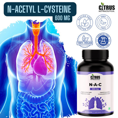 CITRUS NUTRACEUTICAL N Acetyl L Cysteine (NAC) 600 mg Capsules | Antioxidant Support for Liver & Lung Health | Glutathione Booster | 60 Veg Capsules