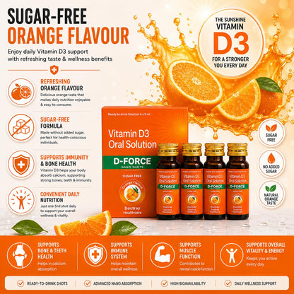 Docttray Healthcare D-Force Vitamin D3 Oral Solution Nano Shots, 4 x 5 ml | Sugar Free Orange Flavour Ready-to-Drink Liquid Nutritional Supplement - Pack of 1