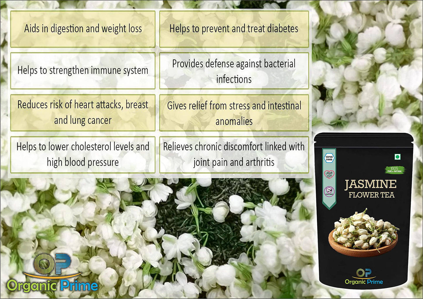 Organic Prime Jasmine Flower Tea for Slimming Body and Stress Relief - 100 GM by Organic Prime