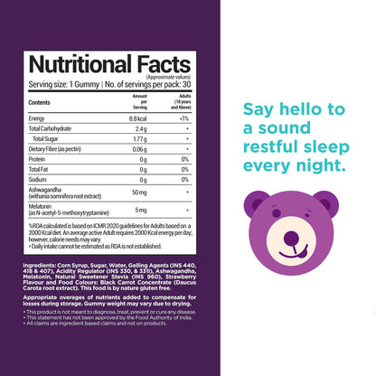 NutriBears Blissful Sleep Melatonin Gummies with Ashwagandha for Mind and Body Deep, Restful, Calming Nighttime Relaxation, Ease Jet Lag, Strawberry Flavour, 90 Gummy Chewables