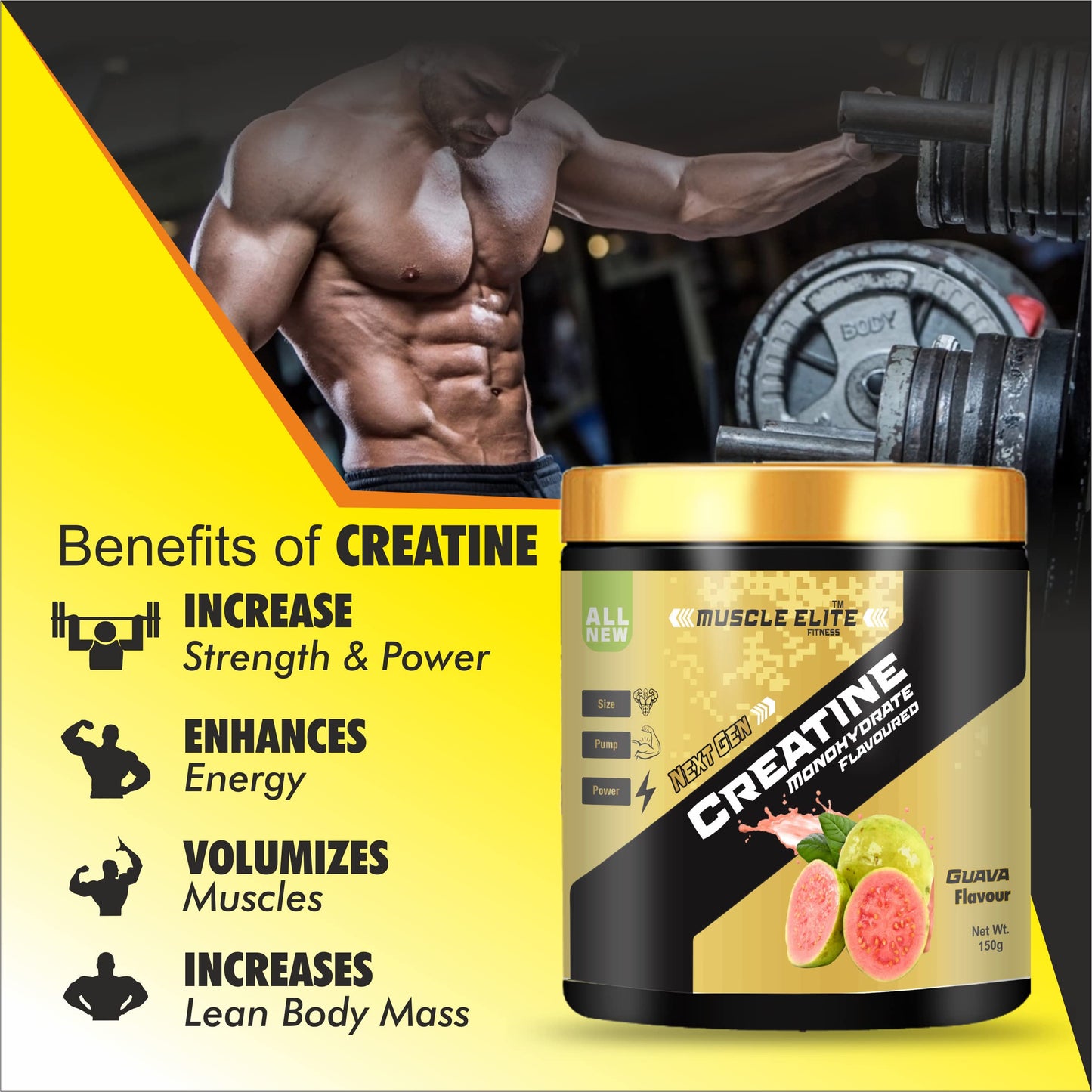 Muscle Elite Fitness Creatine Monohydrate Powder | Supplement For Lean Muscle Growth | Creatine Powder for Workout | New Generation Gym Supplement for Men & Women [50 Servings, Guava] Free Shaker