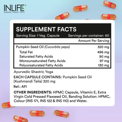 INLIFE Pumpkin Seed Oil, Extra Virgin Cold Pressed, Plant Based Phytosterols, Hair & Prostate Health, Men Women, 60 Veg Capsules