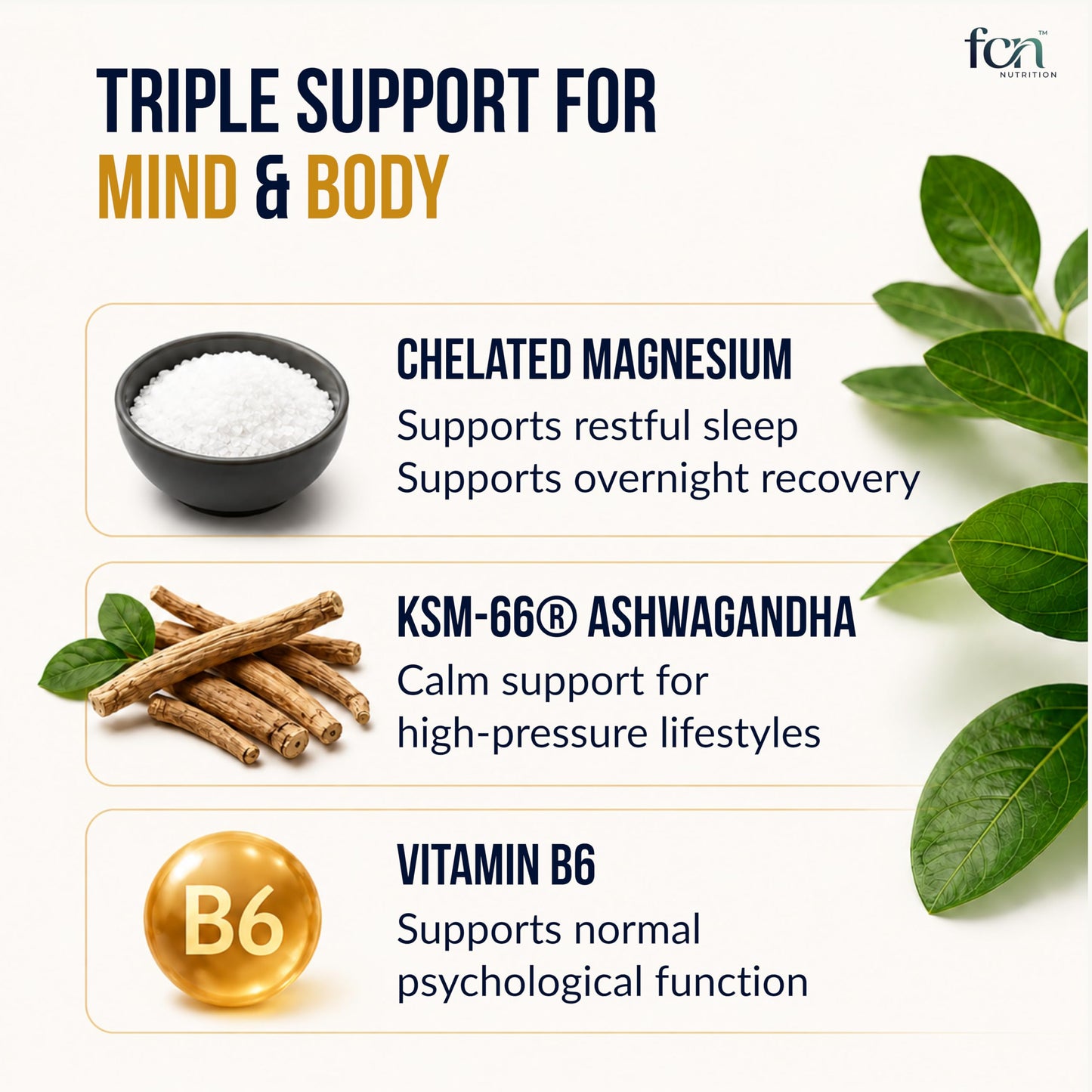 FCN - Magnesium Glycinate 320mg for Women & Men with KSM-66 Ashwagandha 300mg & B6 For Sleep, Muscle & Stress Support | 1540mg Magnesium Bisglycinate Chelate | Vegan, GMP-Certified | 90 Veg Tablets