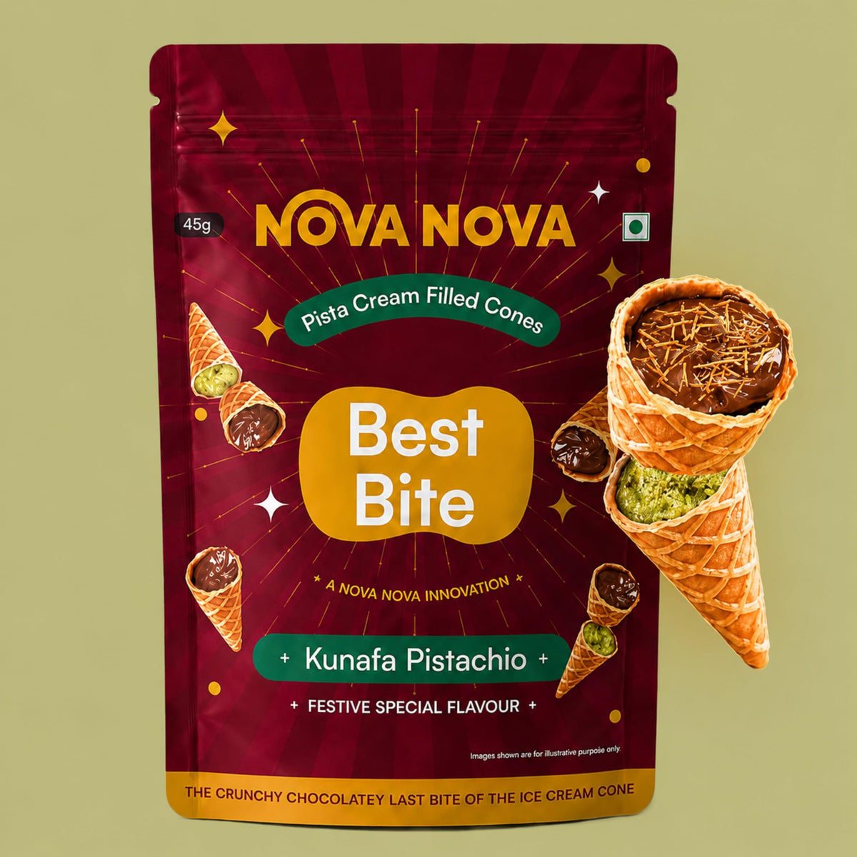 Nova Nova Best Bite Kunafa Pistachio Chocolate Filled Mini Cones 45g