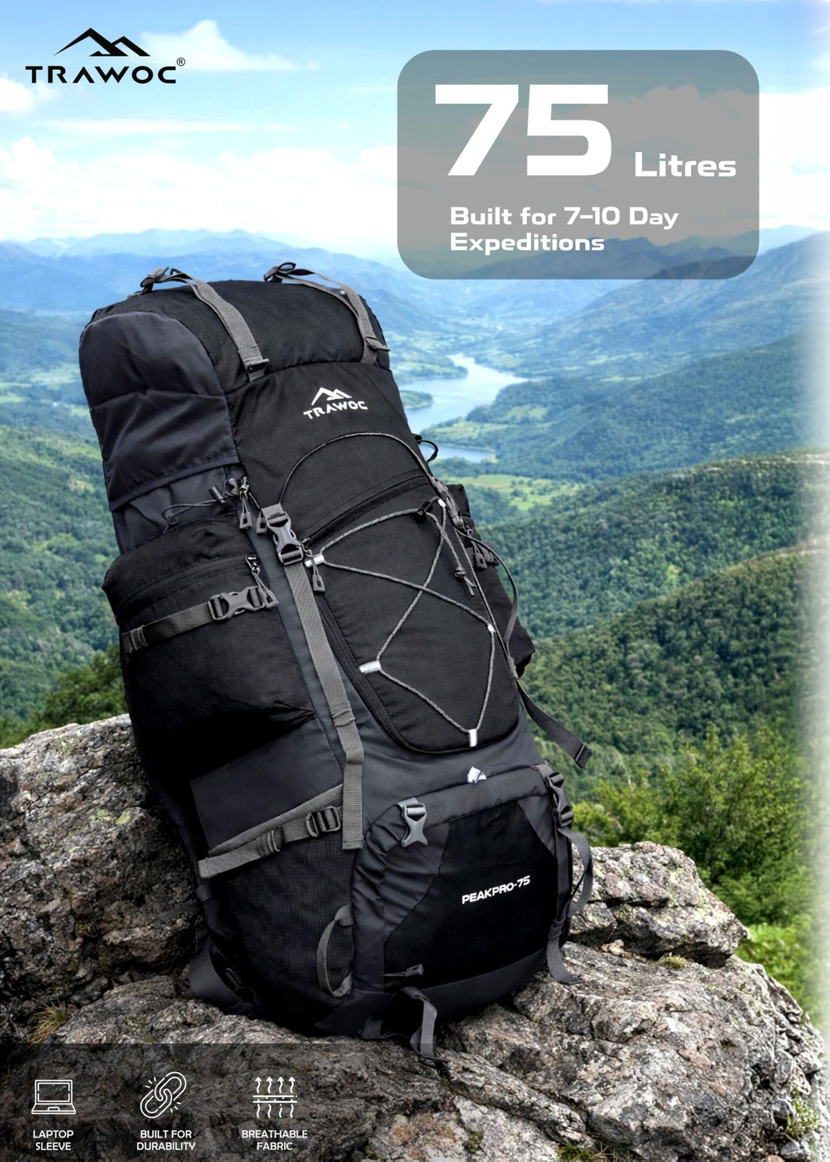 TRAWOC PEAKPRO 75 Liter Travel Backpack for Hiking Trekking Bag Camping Rucksack with Laptop Compartment/Rain Cover/Shoe Compartment BHK002, 3 Year Warranty, Black