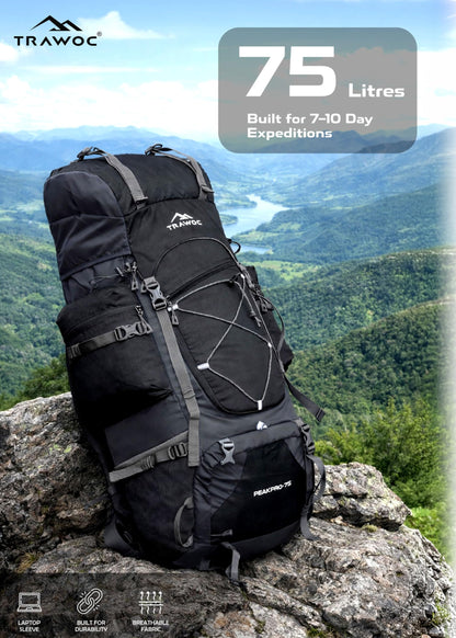 TRAWOC PEAKPRO 75 Liter Travel Backpack for Hiking Trekking Bag Camping Rucksack with Laptop Compartment/Rain Cover/Shoe Compartment BHK002, 3 Year Warranty, Black