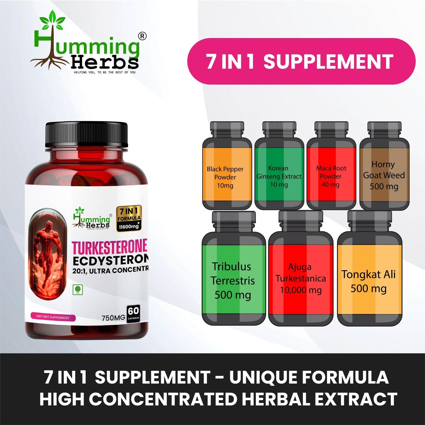 Humming Herbs Turkesterone Ecdysterone Ajuga Turkestanica Supplement with Tongkat Ali Horny Goat weed & maca | Boost Muscle Growth, Memory Support - 60 Capsules