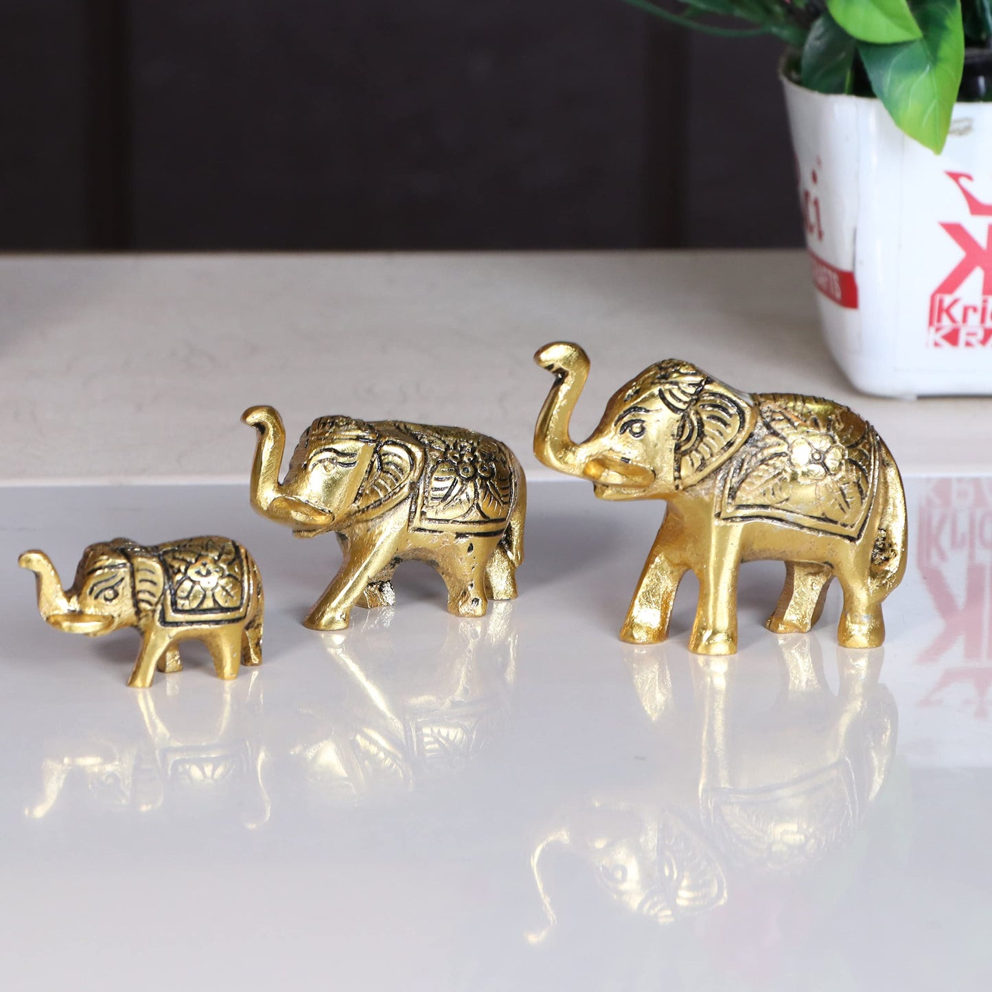 Elephant Showpiece Metal Statue Small Size Gold Polish 3 pcs Set for De- image 9