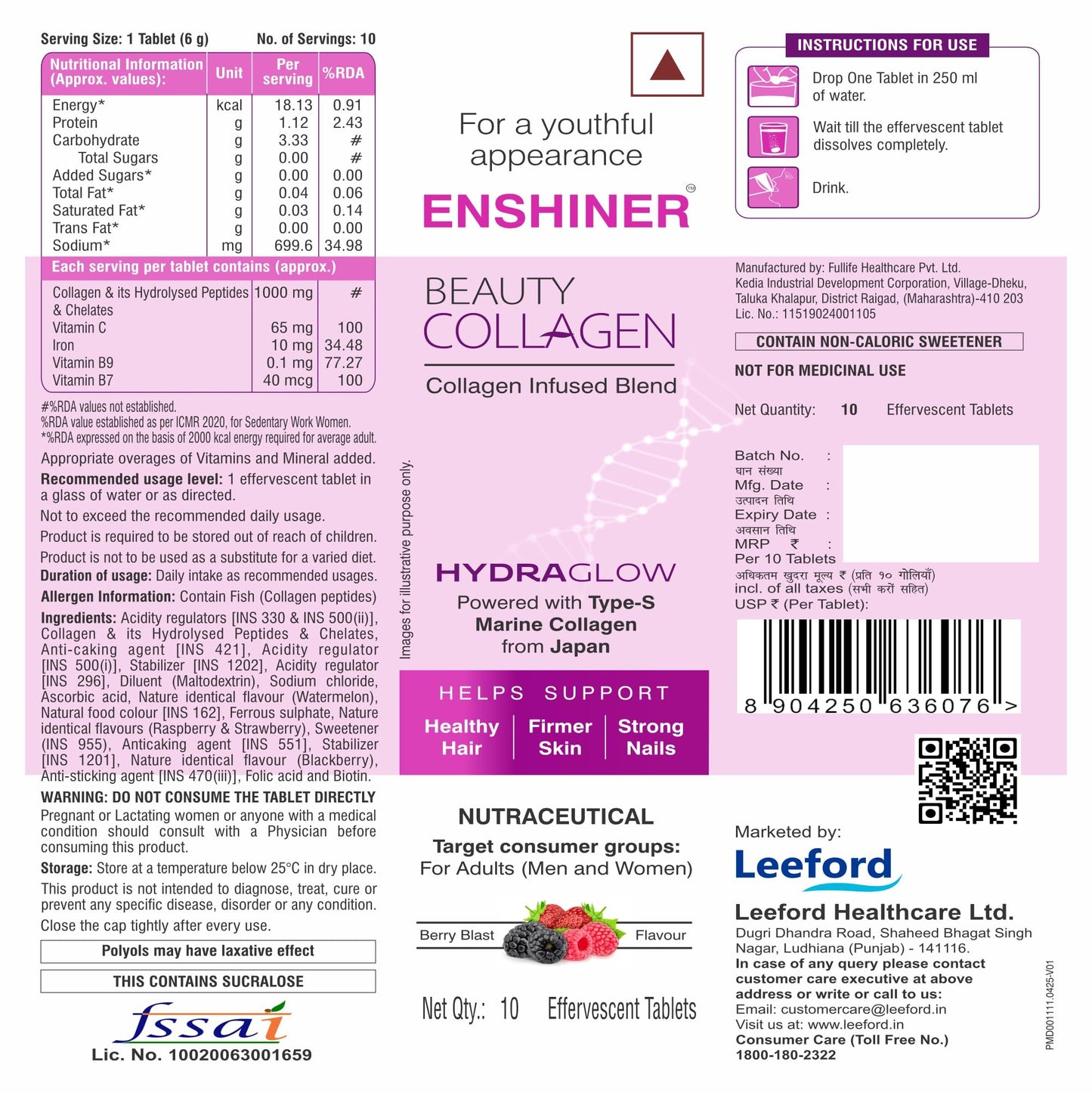 Enshiner Beauty Collagen Effervescent Tablets with Type-S Marine Collagen, Vitamin C & Biotin for Adults | Berry Blast Flavour | Supports Skin Radiance, Hair Growth & Nail Health - 10 tablets