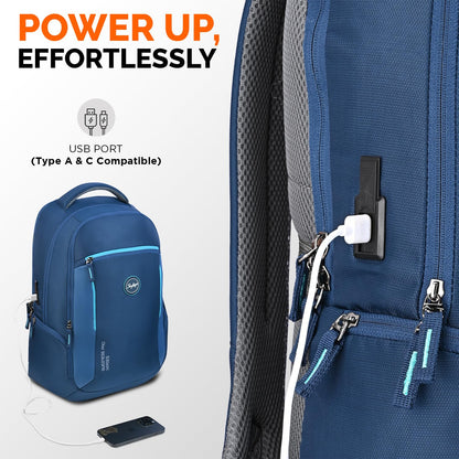 Skybags Propack Max 17 Inch Compatible Anti‑Theft Laptop Backpack 35L | 3 Compartments with USB Charging Port & Rain Cover | Air Mesh Back Panel | Office & Travel Backpack for Men & Women (Blue)