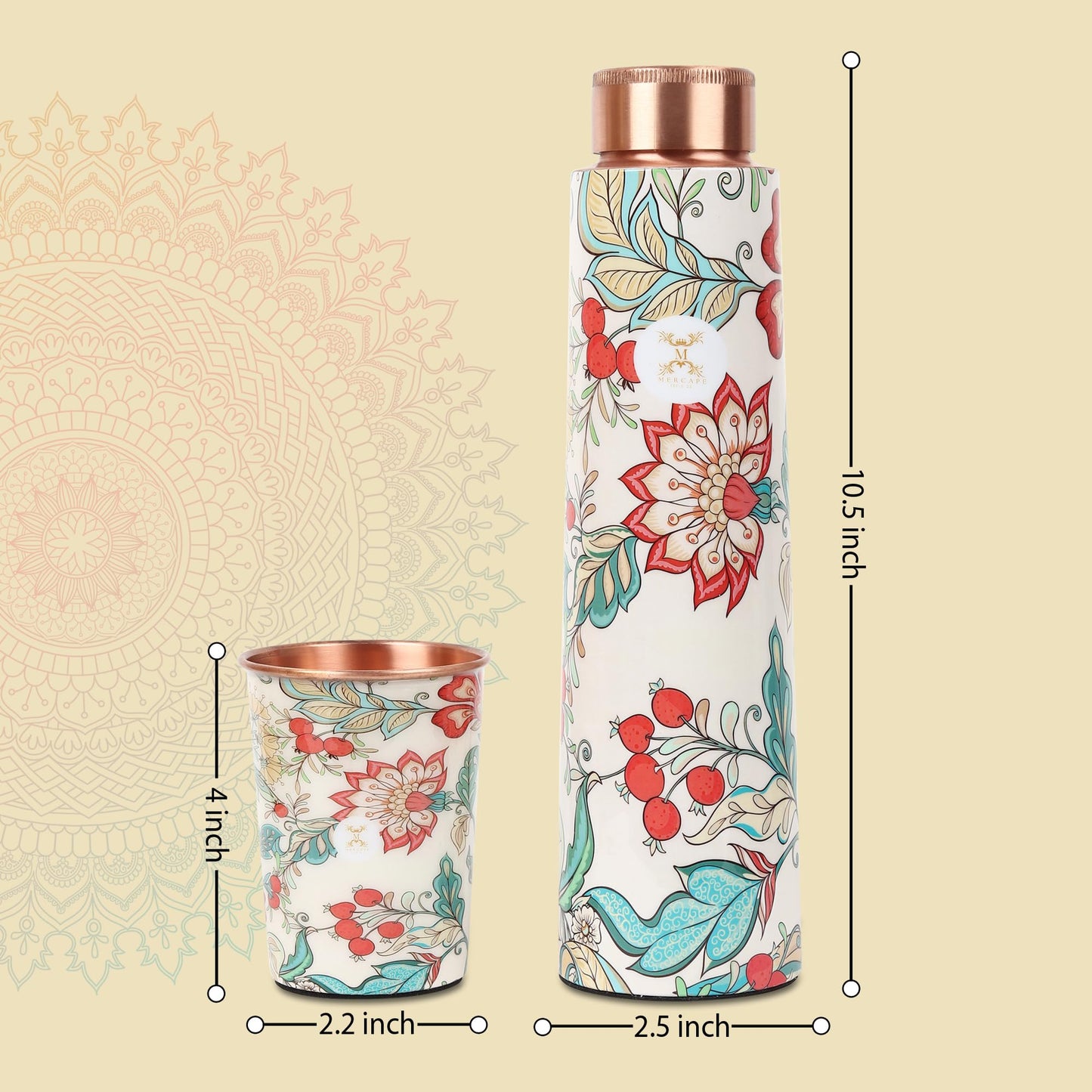 MERCAPE® - Flower Print Pure Copper Water Bottle with 2 Glass | Leak Proof, Durable & Rust Proof | Non-Toxic & BPA Free Steel Bottles | Printed Tamba Bottle (900 ml - 2x 300 ml)