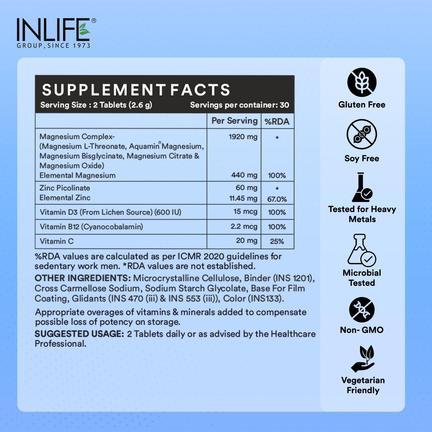 INLIFE Magnesium Complex 2000mg, 5x Salts Glycinate L-Threonate Citrate, Zinc Vitamin C D3 B12, Muscle Nerve & Energy, 60 Tablets (Pack of 1)