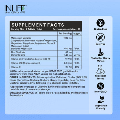 INLIFE Magnesium Complex 2000mg, 5x Salts Glycinate L-Threonate Citrate, Zinc Vitamin C D3 B12, Muscle Nerve & Energy, 60 Tablets (Pack of 1)