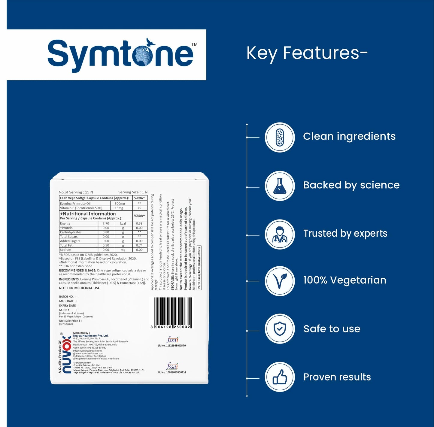 Symtone Vege Softgel Capsules | For PMS, Menopause, Hair and Skin Health | Enriched with Evening Primrose Oil and Vitamin E | 15 Vege soft gel capsules (Pack of 3)