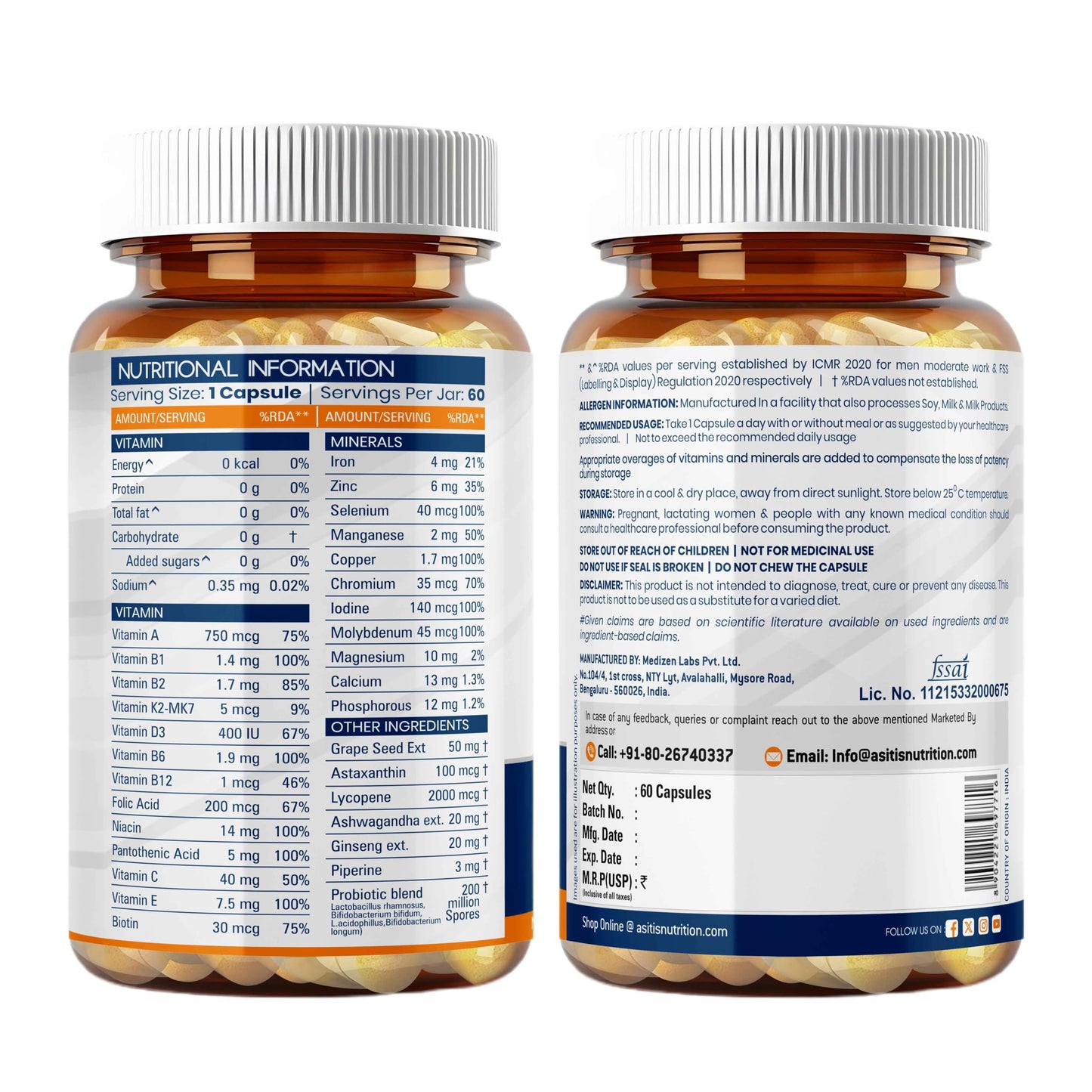 AS-IT-IS Nutrition ATOM Daily Multivitamin for Men & Women, 60 Capsules | Powerful Blend of 31 Vital Nutrients - Vitamins, Minerals, Herbal extracts & Probiotic for Enhancing Energy, Stamina & immunity| Supports Bone, Skin & Overall Health