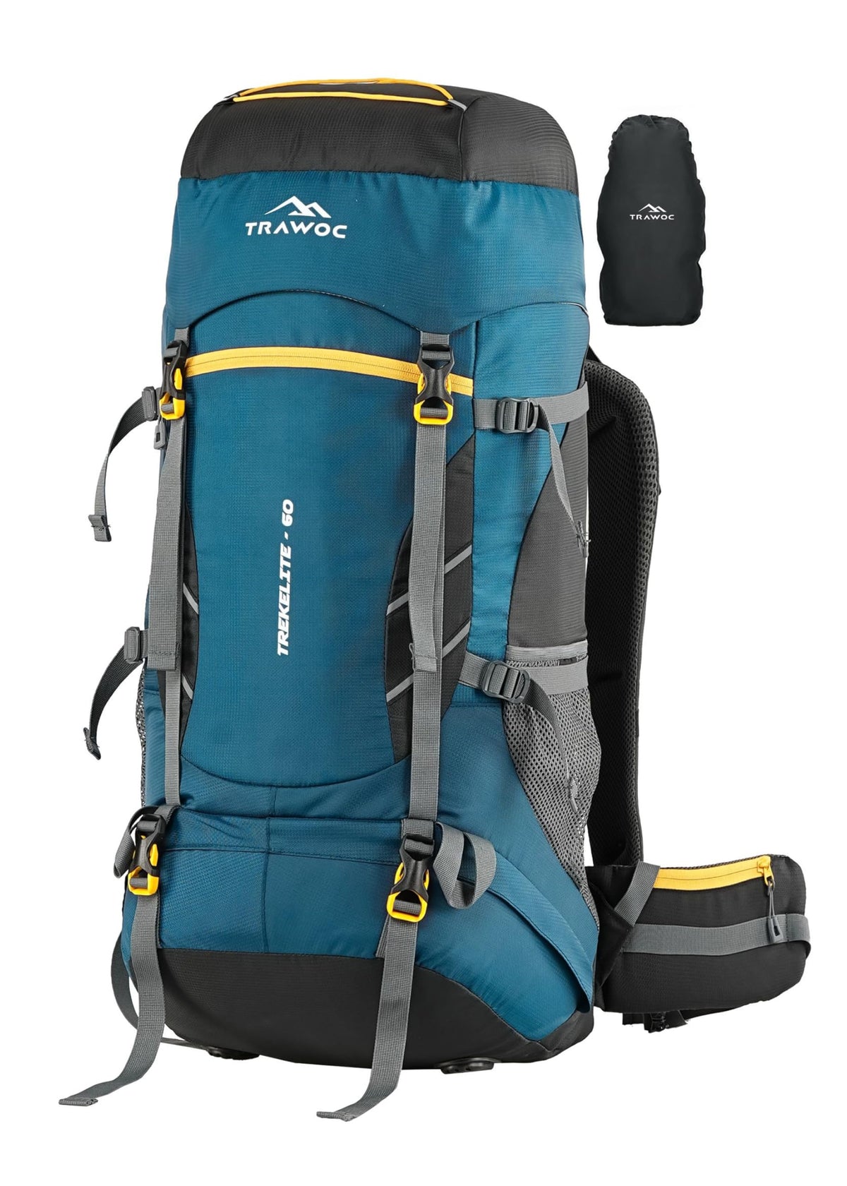 TRAWOC TREKELITE 60L Travel Backpack Hiking Trekking Bag Camping Rucksack for Men & Women with Water Proof Rain Cover/Shoe Compartment MHK004, 3 Year Warranty, English Blue