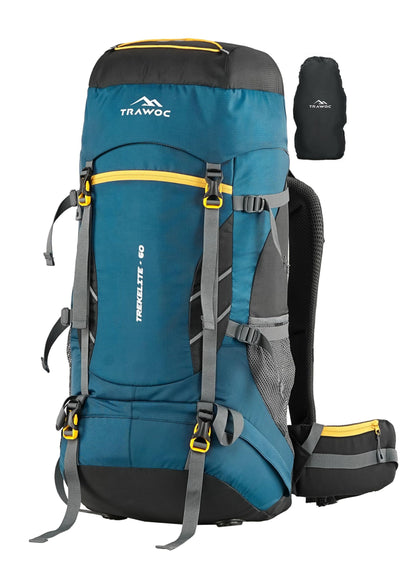 TRAWOC TREKELITE 60L Travel Backpack Hiking Trekking Bag Camping Rucksack for Men & Women with Water Proof Rain Cover/Shoe Compartment MHK004, 3 Year Warranty, English Blue