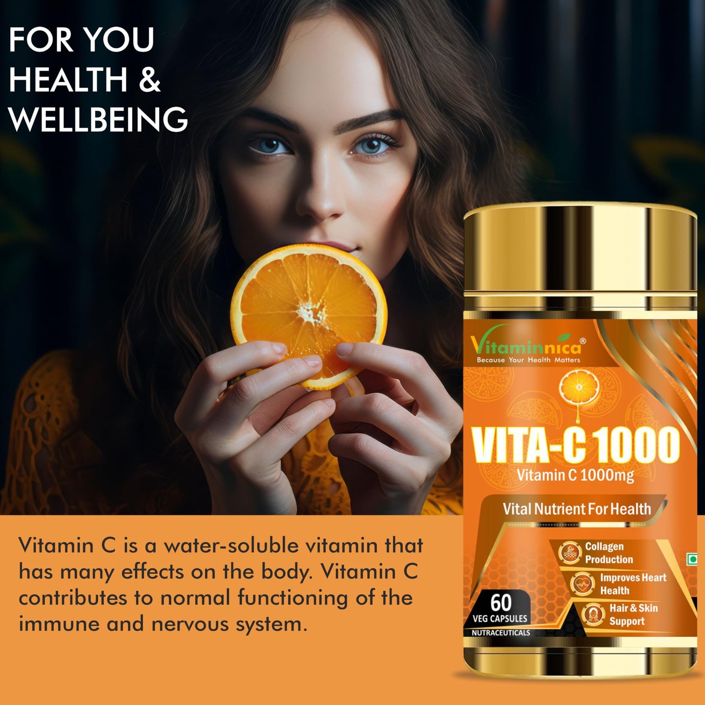 Vitaminnica Vitamin C 1000mg Capsules – Immune Support Supplement, Antioxidant Protection, Supports Skin & Overall Wellness, Vegetarian, Non-GMO, 60 Capsules