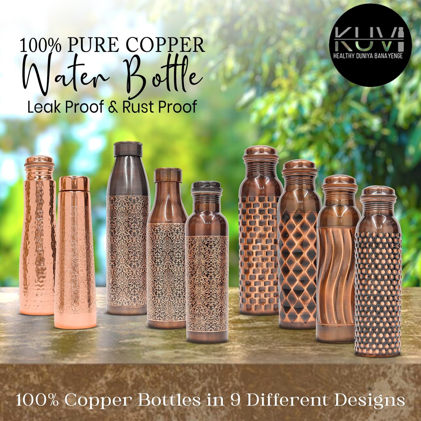 KUVI Copper Water Bottle 1 Litre | Leak Proof, Durable & Rust Proof | Ayurveda and Yoga Health Benefits | Eco Friendly Water Bottle 1000 ml | Office/Gym/Travel Bottle (Dotted Design)