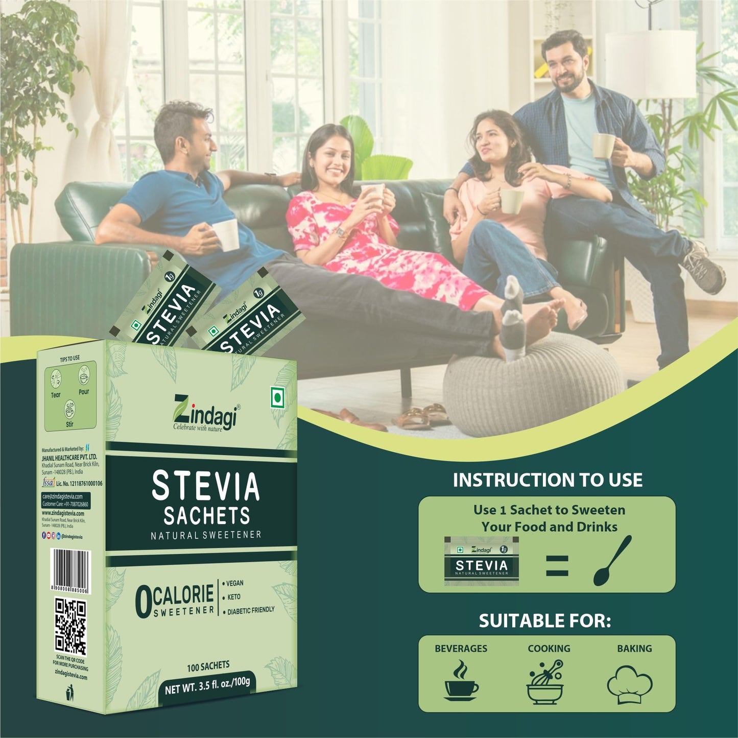 Zindagi Stevia Dry Leaves & Stevia Sachets | Stevia Sugar Free & Zero Clorie Sweetener | Stevia Combo Pack