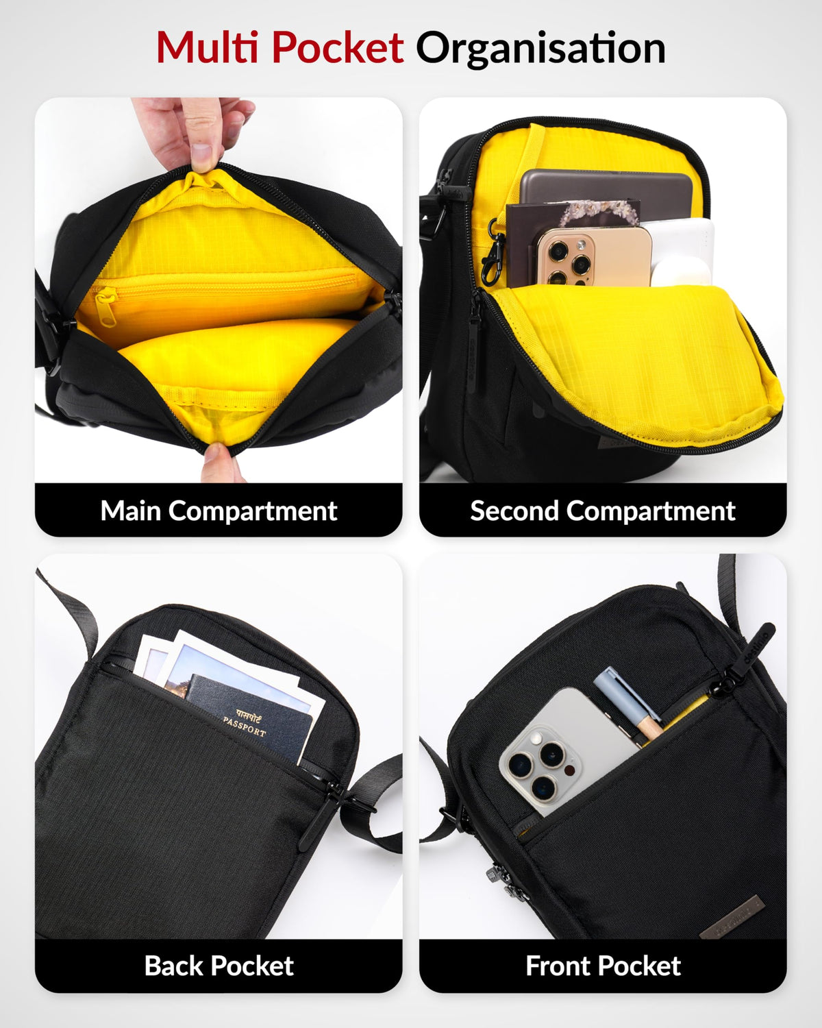 Destinio Padded Sling Bag for Men & Women | Lightweight Side Shoulder Bag | Crossbody Carry for Travel & Daily Use | Mobile Passport Cash Storage | Water Resistant Zipper | Anti Theft Lock (Black)