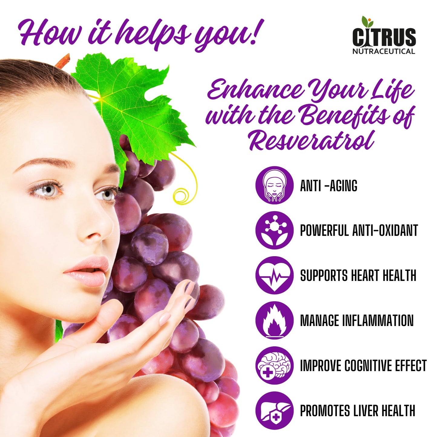 CITRUS NUTRACEUTICAL Resveratrol 500 mg Capsules | Powerful Antioxidant Support for Heart Health & Healthy Aging | Polyphenol Supplement (60 Veg Capsules)