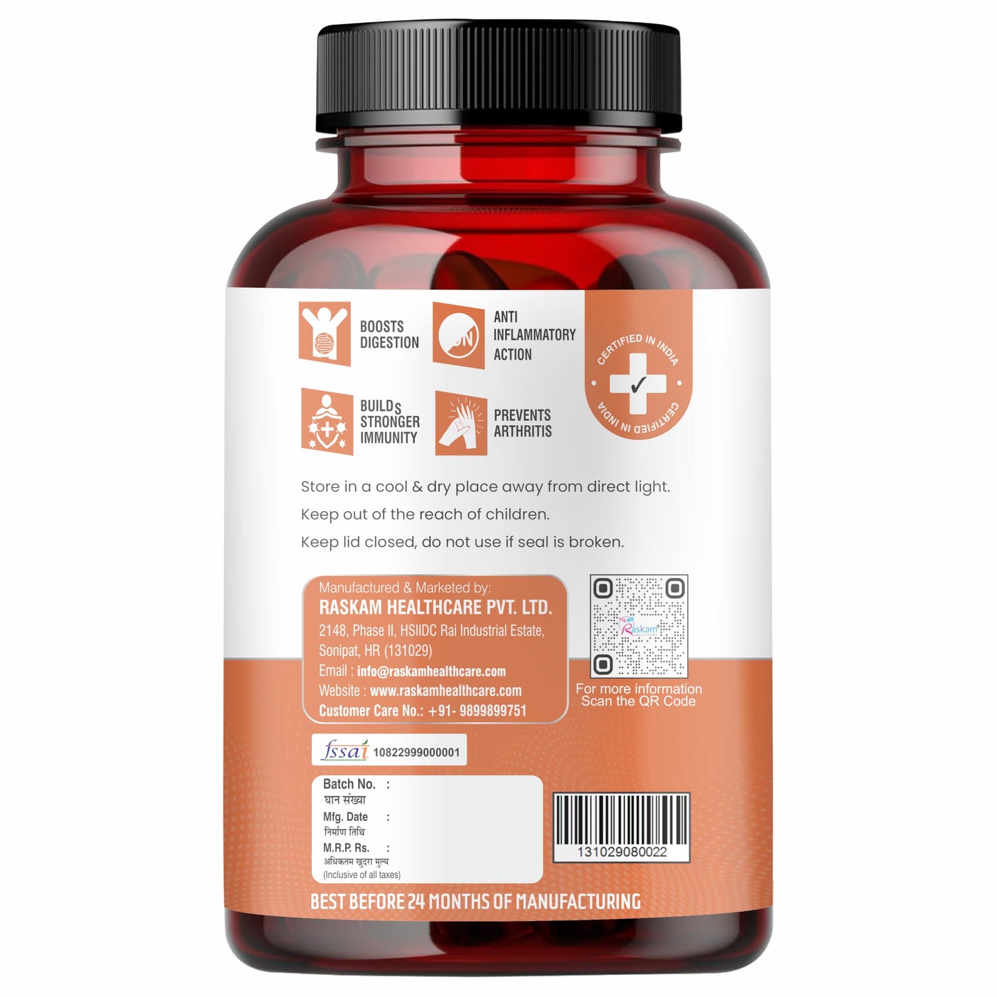 Raskam Curcumin 100 veg capsules-with 95% Curcuminoids - Higher Absorption- Antioxidant & Anti-inflammatory Supplement - For Skin, Joint Support, Boosts Immune System