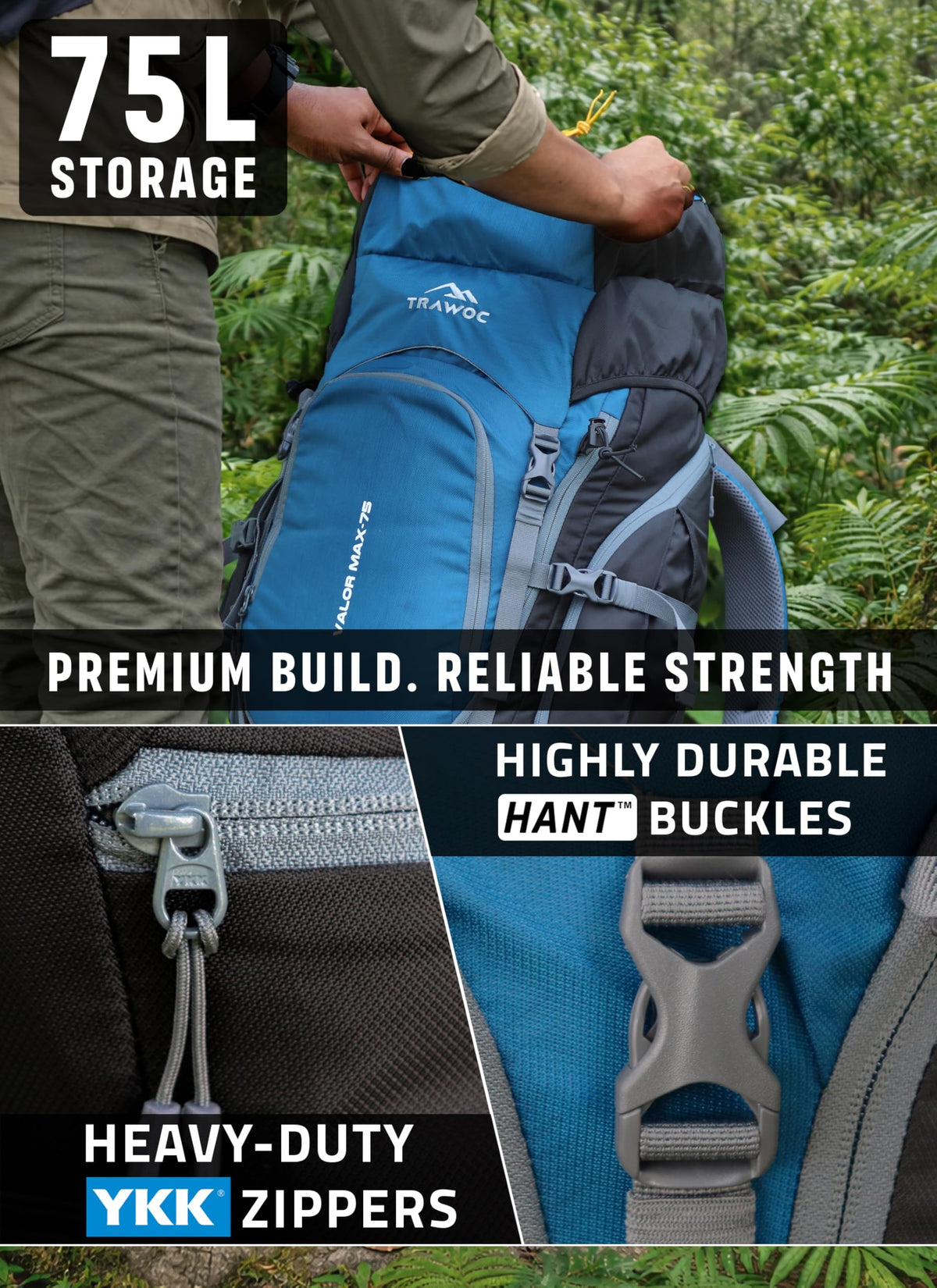 TRAWOC VALOR MAX 75 Ltr Travel Backpack Camping Hiking Trekking Bag Rucksack for Men & Women with Rain Cover/Shoe Compartment, English Blue, 3 Year Warranty