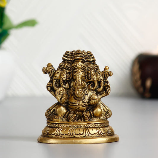 Handcrafted Golden Brass Panchmukhi Lord Ganesha Idol - Hindu God Idol for Home