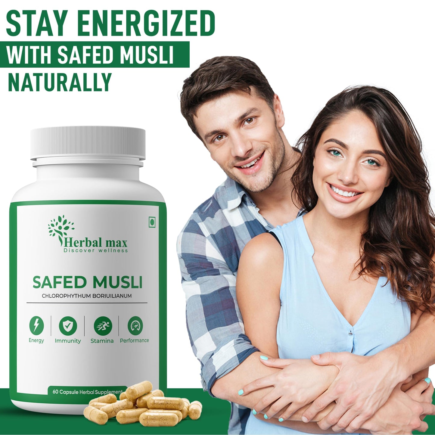 Herbal max Safed Musli Capsule for Natural Energy & Immunity Booster, Support Body Strength, Stamina, Stress Relief, Performance Enhancer for Men & Women – 800mg (60 Veg Cap