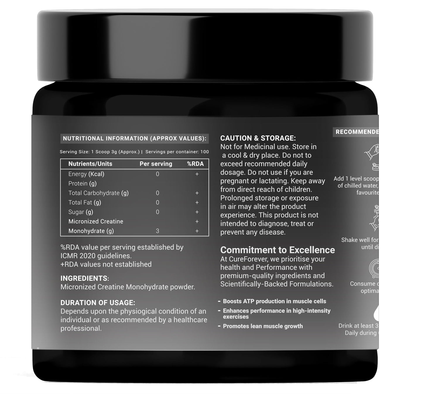 CUREFOREVER Creatine Monohydrate Powder – Unflavoured, 100 Servings, Micronized Pre-Workout Supplement for Muscle Strength, Power, Size, Endurance & Faster Recovery – 300g Pack