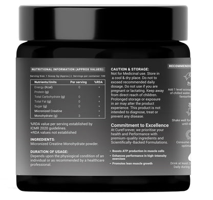 CUREFOREVER Creatine Monohydrate Powder – Unflavoured, 100 Servings, Micronized Pre-Workout Supplement for Muscle Strength, Power, Size, Endurance & Faster Recovery – 300g Pack