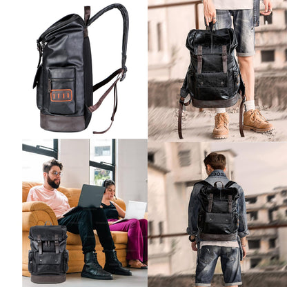 CHAO RAN Vintage Leather Laptop Backpack For Men, Men Black Leather Backpack…, Black, Large, College Travel Backapck