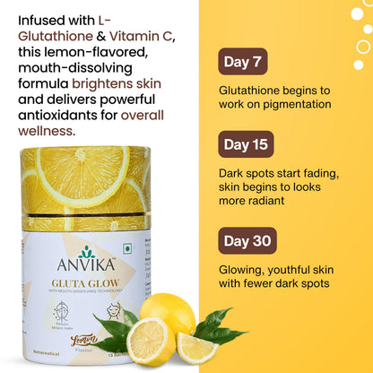 Anvika Gluta Glow with L-Glutathione & Vitamin C | Skin Brightening & Antioxidant Support | Lemon Flavor | Mouth dissolving Glutathione | 15 Sachet