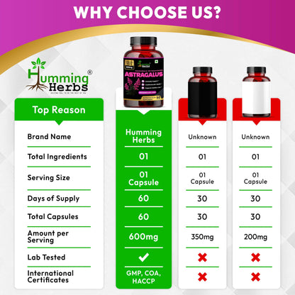 Humming Herbs Astragalus Root Extract Capsules - Supports Immune System, Cardiovascular & Liver Health - Natural Antioxidant & Anti-Aging Supplement