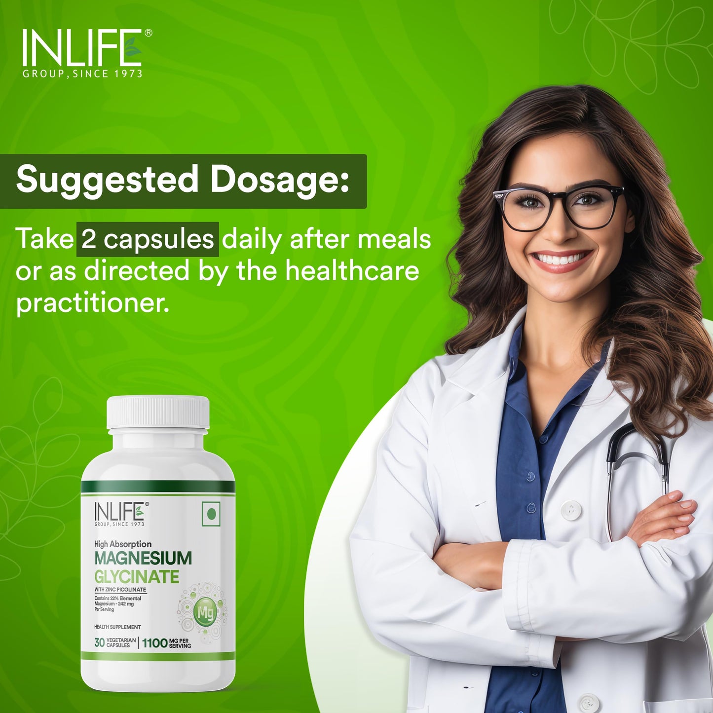 INLIFE Magnesium Glycinate Supplement 1100mg (Elemental Magnesium 242mg) with Zinc 10mg (as Zinc Picolinate) Per Serving, Relaxation & Healthy Muscle Function - 30 Capsules (Pack of 1, 30, count)