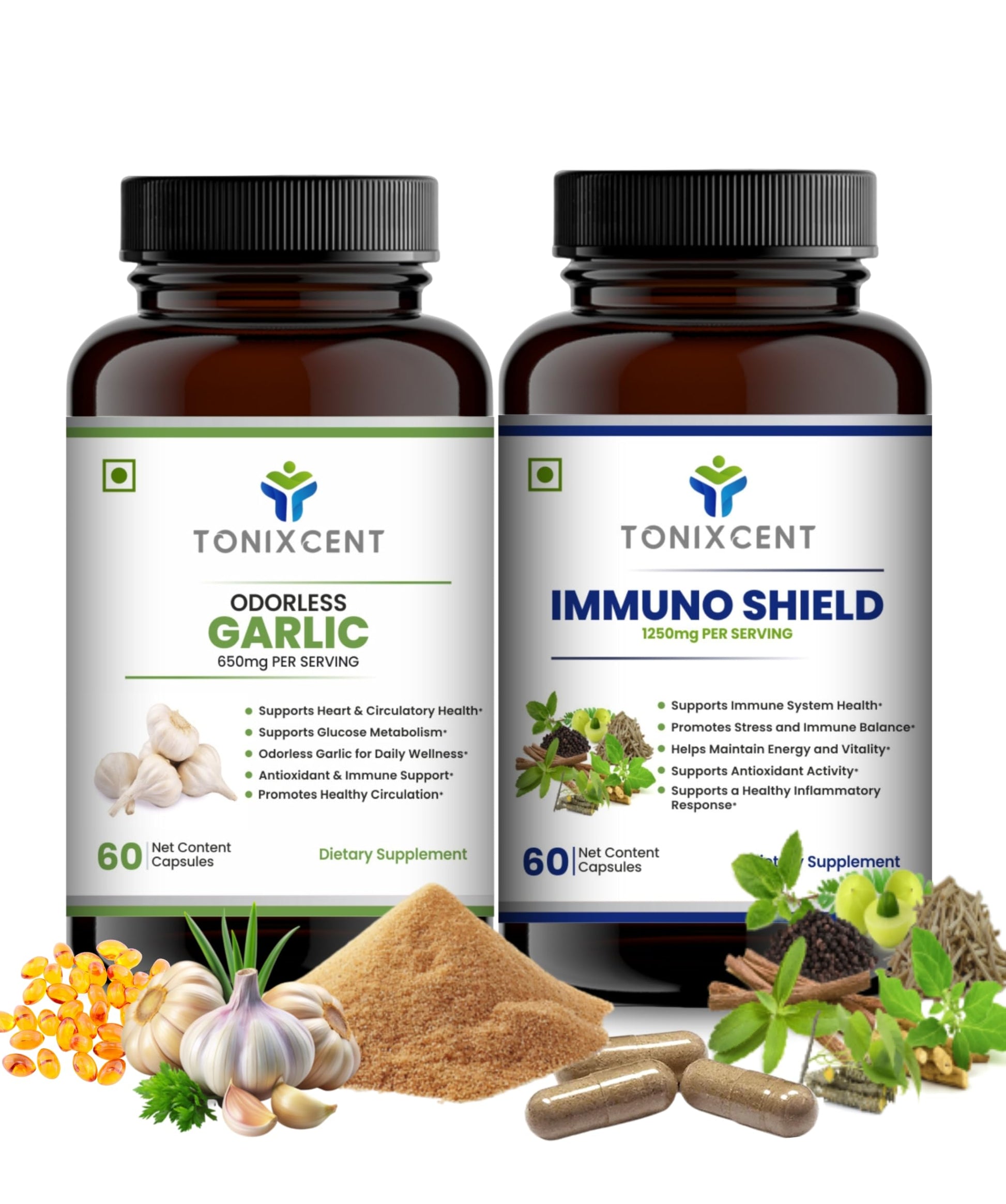 TONIXCENT Immuno Heart Shield – Garlic 650mg & ImmunoShield 1250mg Capsules, 60+60 Vegan Capsules