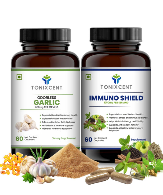 TONIXCENT Immuno Heart Shield – Garlic 650mg & ImmunoShield 1250mg Capsules, 60+60 Vegan Capsules