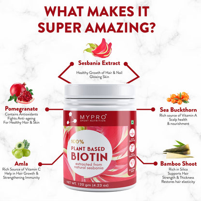 Mypro Sport Nutrition 100% Plant Based Biotin Extracted From Natural sesbania With Amla,Pomegranate,Sea Buckthron,Bamboo Shoot - 120 Gm Powder (4.23 oz)