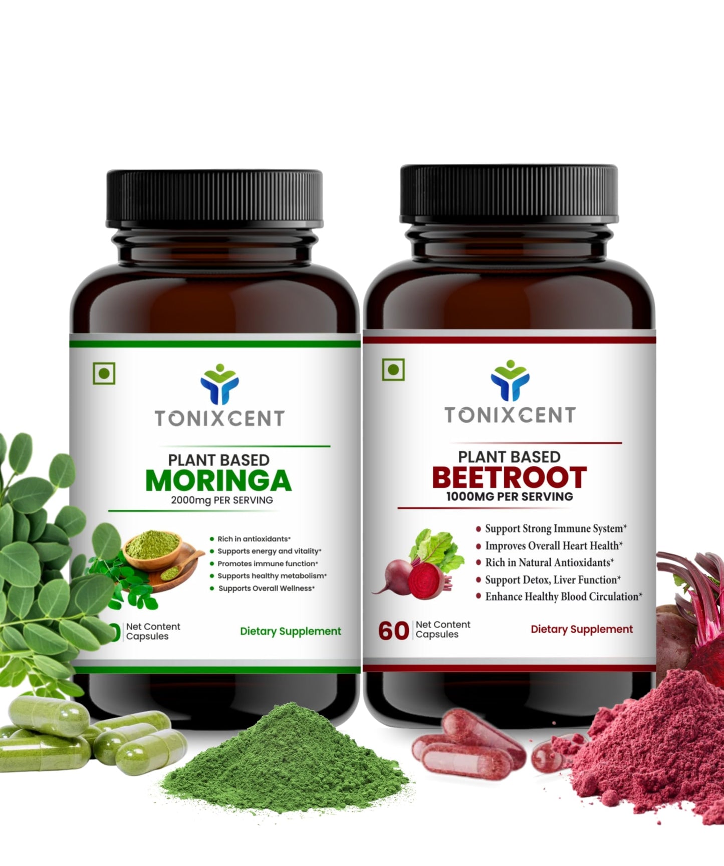 TONIXCENT Iron Boost Duo | Moringa 2000mg & Beetroot 1000mg Capsules | Boosts Digestion, Energy & Immunity | 60+60 Vegan Capsules
