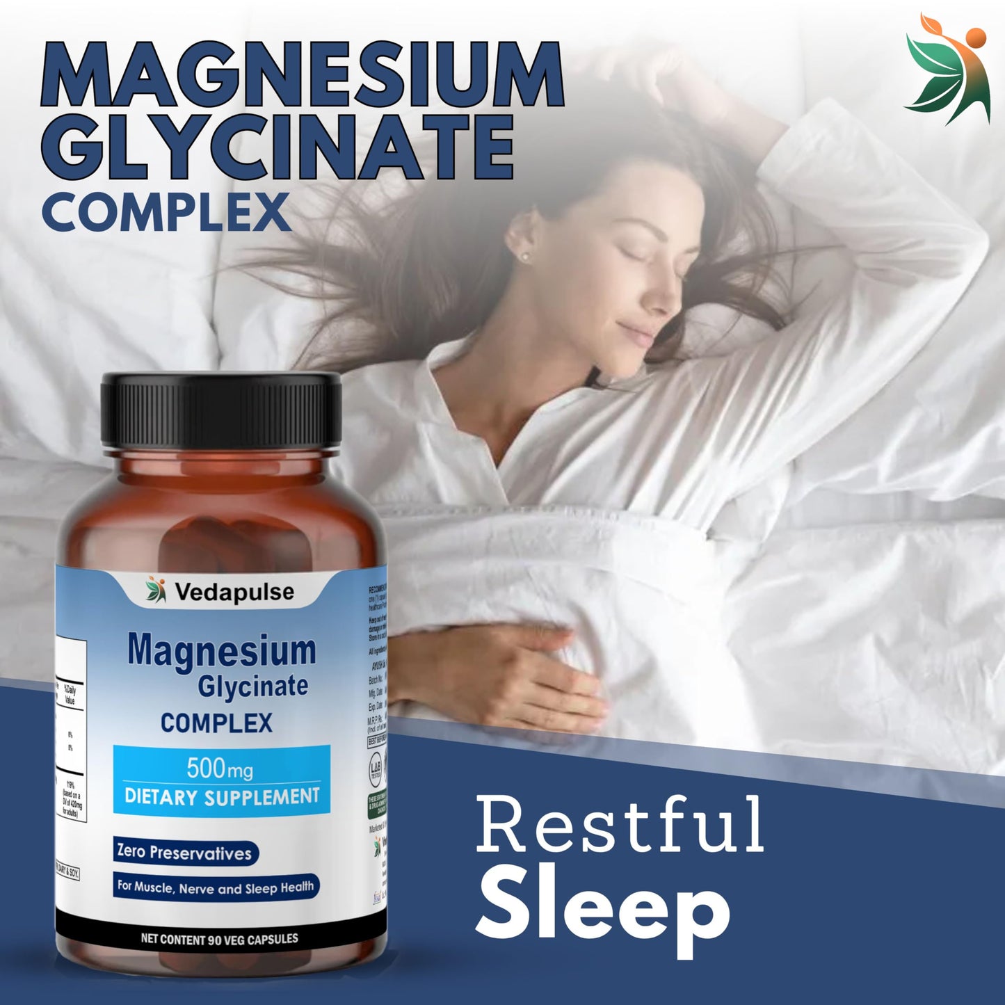 Vedapulse Magnesium 500mg – 90 Veg Capsules | Magnesium Glycinate, Malate, Taurate, Citrate & Aspartate | Dietary Supplement for Muscle, Nerve & Sleep Health