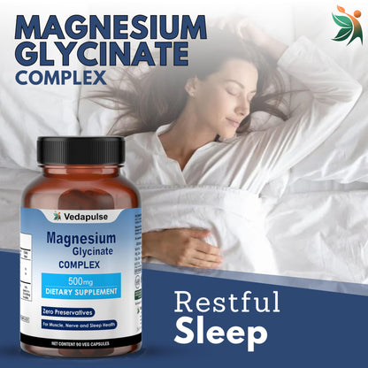 Vedapulse Magnesium 500mg – 90 Veg Capsules | Magnesium Glycinate, Malate, Taurate, Citrate & Aspartate | Dietary Supplement for Muscle, Nerve & Sleep Health