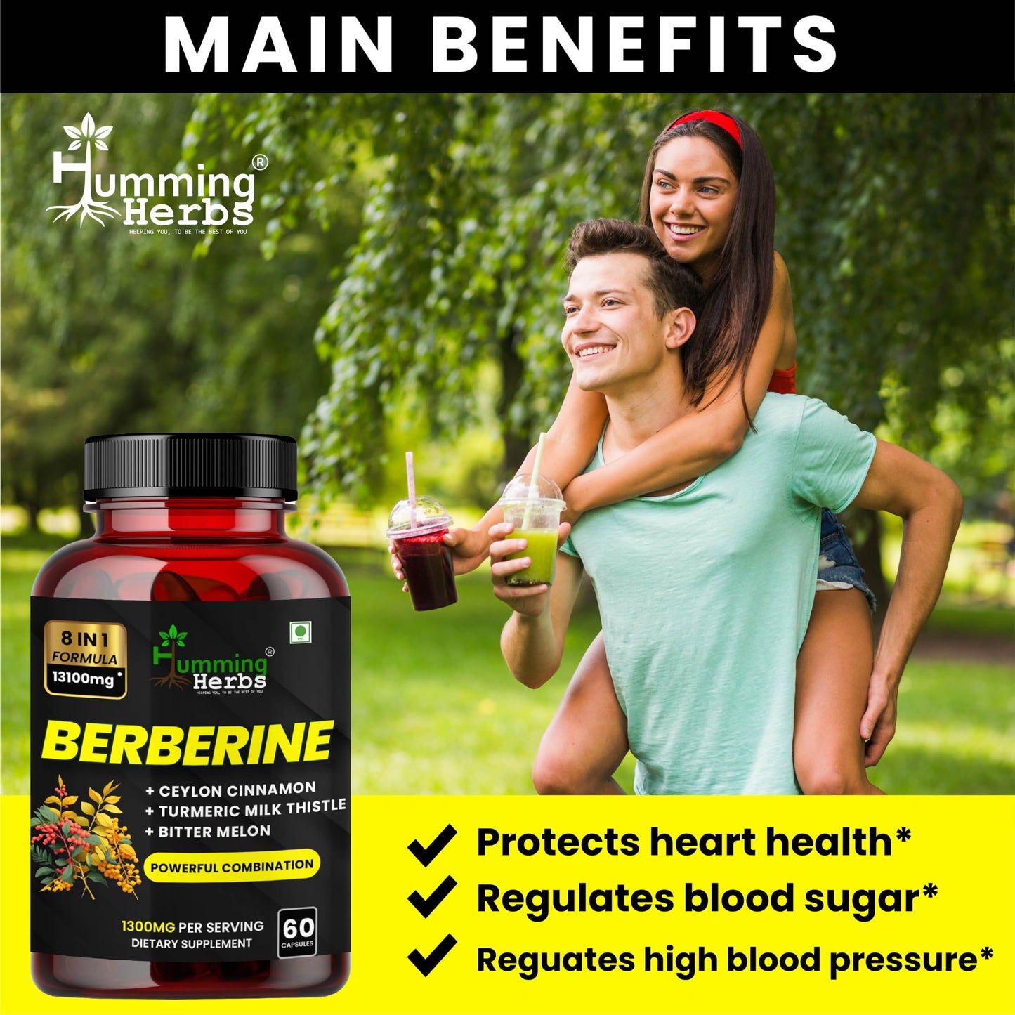 Humming Herbs Berberine 13100mg | 8-in-1 Herbal Blend with Ceylon Cinnamon, Turmeric, Milk Thistle, Bitter Melon & Probiotics | 60 Veg Capsules for Daily Wellness