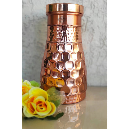 INDIAN ART VILLA Pure Copper Bedroom Water Bottle With Inbuilt Glass & Diamond Hammered Design, Drinkware, Storage Purpose, Volume-850 ml