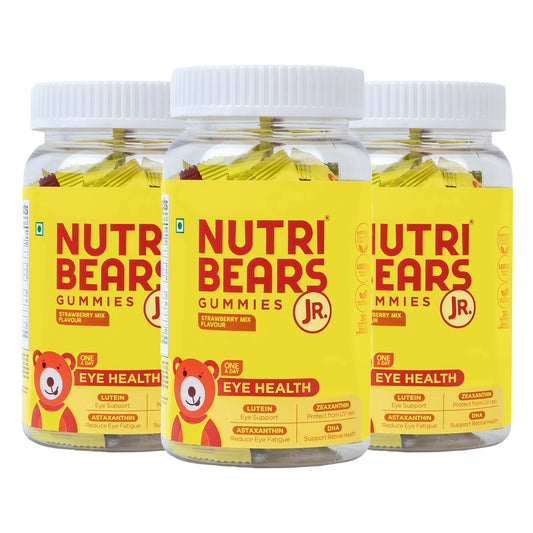NutriBears Eye Health Vitamins for Kids, Soft Chewable Gummies with Lutein, DHA, and Zeaxanthin for Ocular Support, Daily Supplement, Strawberry Flavour, 90 Gummy Bears, 3-Pack