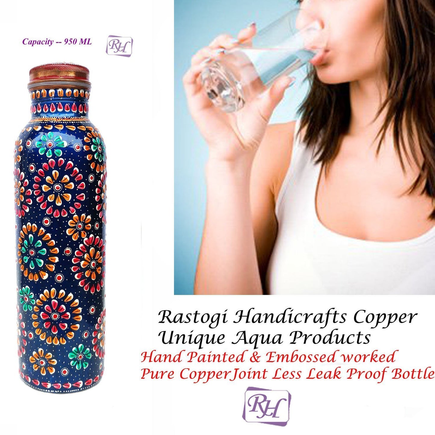 Pure Copper Water Bottle for Ayurvedic Health Benefits (Joint Free & Leak Proof) Hand Painted Art Work