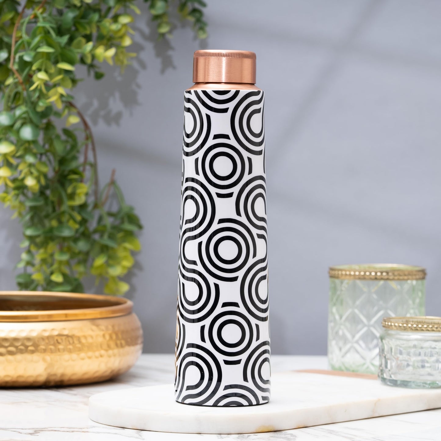 Veda Essentials 100% Pure Copper Water Bottle – Stylishly Printed, Perfect for Home, School, Office, and Gifts, Infused with Copper's Antioxidant Benefits - 900ml (White Black)