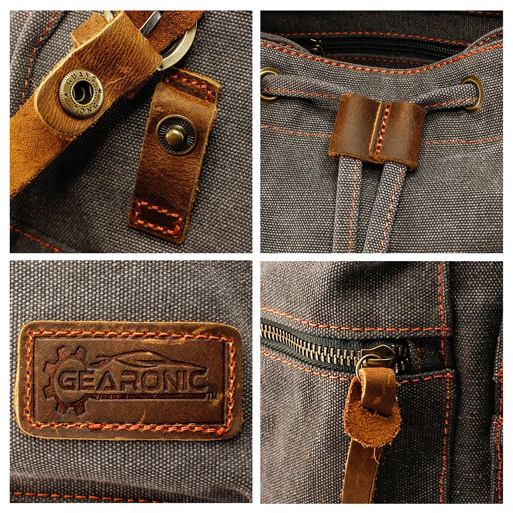 GEARONIC TM 21L Vintage Canvas Backpack for Men Leather Rucksack Knapsack 15 inch Laptop Tote Satchel School Military Army Shoulder Rucksack Hiking Bag Gray
