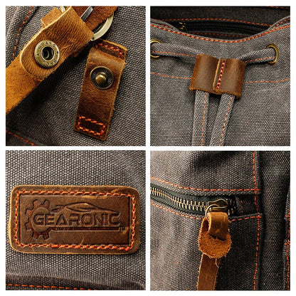 GEARONIC TM 21L Vintage Canvas Backpack for Men Leather Rucksack Knapsack 15 inch Laptop Tote Satchel School Military Army Shoulder Rucksack Hiking Bag Gray